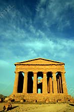 Sicily, ancient temple on blue eletric sky, Italy