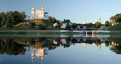 Vitebsk, Belarus. Assumption cathedral church, town hall, church of Resurrection Of Christ and Dvina River in summer