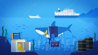 Appearance and disappearance. Business shark in ocean. City in Ocean. Safe with Gold Barrels of Oil. Tourist Ship and Yacht.