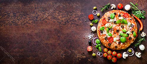 Food ingredients and spices for cooking delicious italian pizza. Mushrooms, tomatoes, cheese, onion, oil, pepper, salt