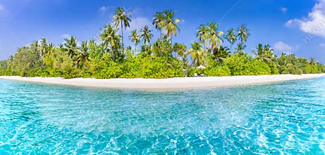 Tropical beach banner and summer landscape background. Vacation and holiday with palm trees and tropical island beach