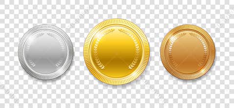 Champion Award Medals for sport winner prize. Set of realistic 3d empty gold, silver and bronze medals isolated. Vector