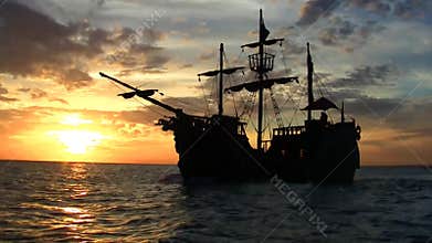 Pirate ship at sunset
