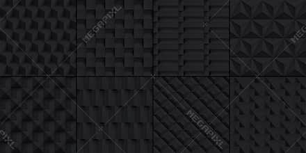 8 Volume realistic cubes textures set, black geometric patterns, vector design dark backgrounds for you projects