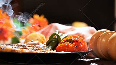 Hot pork chop steak with vegetable