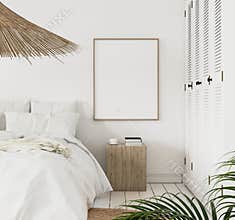 Mock-up poster frame in bedroom, Scandinavian style