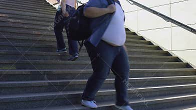 Obese people walking on stairs, overweight problem among youth, consumerism