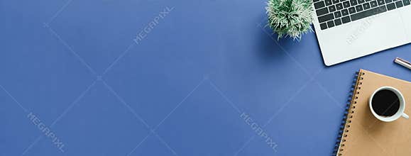 Minimal work space - Creative flat lay photo of workspace desk. Top view office desk with laptop, mock up notebooks and plant.