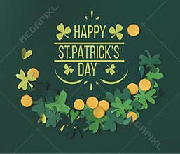 Shamrocks and coins with happy st patricks day lettering