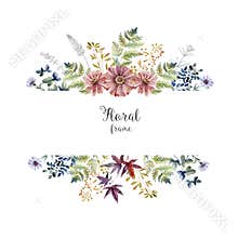 Watercolor herbarium frame with flowers and forest leaf.