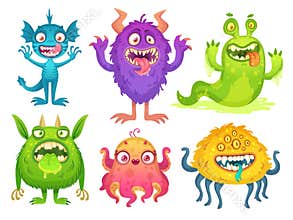 Cartoon monster mascot. Halloween funny monsters, bizarre gremlin with horn and furry creations. Cartoons character