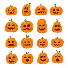 Cartoon halloween pumpkin. Orange pumpkins with carving scary smiling faces. Decoration gourd vegetable happy face