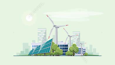 Green eco city urban theme loop cartoon animation with solar panels and wind turbines