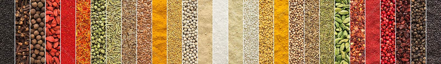 Indian condiment background. collage of spices and herbs for foo