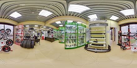 Moscow-2018: 3D spherical panorama with 360 degree viewing angle of the auto store interior with repair parts, spares, car parts.