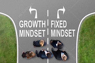 Businesspeople Near Signs Growth Mindset And Fixed Mindset