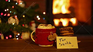 Cookies and hot chocolate prepared for santa, hand placing card
