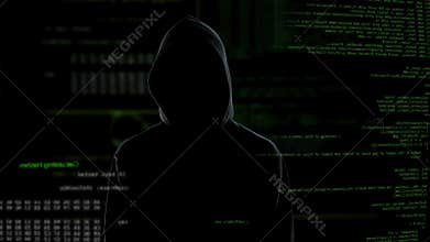 Hacker push button on virtual screen, unsuccessful hacking, face invisible