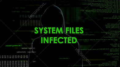 Systems files infected message, silhouette hacker spreading virus in internet