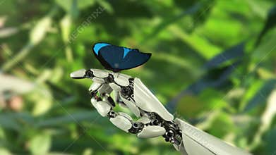 Morpho Menelaus Butterfly Lands on the Robot`s Hand. Beautiful 3d animation, 4K. see more options in my portfolio