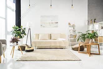 Minimalistic living room interior with white furniture and plants, lit
