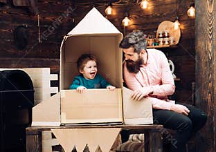 Education and kid idea development. Travel and adventure. Family and childhood. Earth day concept. Father and small boy