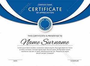 Certificate template in elegant blue color with medal and abstract borders, frames. Certificate of appreciation, award diploma des