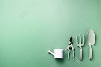 Gardening tools and utensils on green background. Top view with copy space. Pruner, rake, shovel, watering can for