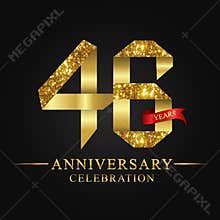 46th anniversary years celebration logotype. Logo ribbon gold number and red ribbon on black background.