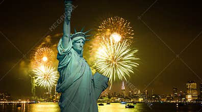 July 4th Independence day fireworks show with skyline