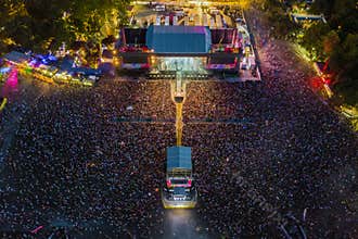 BUDAPEST, HUNGARY - AUGUST 12, 2018: Aerial photograph of the main stage and the massive crowd of the Sziget Festival 2018