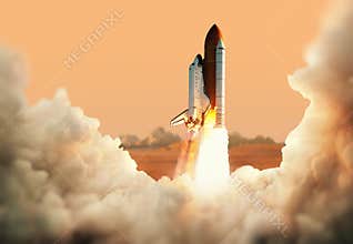 Spacecraft takes off into space. Rocket on the planet Mars
