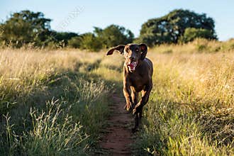 Pointer dog running along a jeep track in afternoon sun