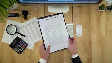 Businessman Working On Computer And Signing Document Flat Lay