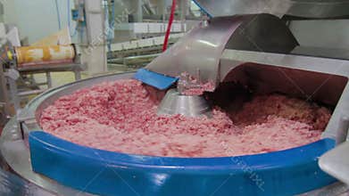 Industrial sausages production process at meat and sausage making plant