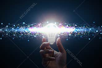 Business idea. Men hand holding light bulb. Polygon color line