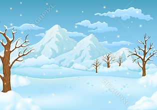 Winter day snowy meadows with leafless trees and falling snowflakes. Mountains and cloudy sky in the background.