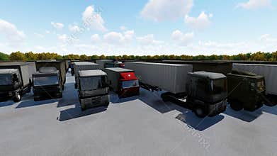 Aerial top view of semi truck with cargo trailer parking with other trucks on special parking lot.