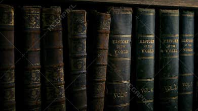 Passing Old Leather Bound Books On Shelf