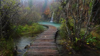 Beautiful waterfall, lakes and autumn forest in Plitvice National Park, Croatia