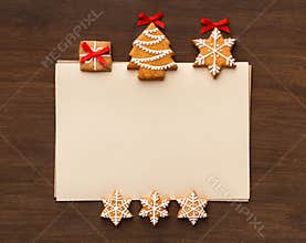 Christmas letter with gingerbread cookies, top view