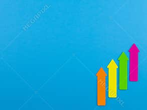 Blue background with multicolored arrows sign up and copyspace for text