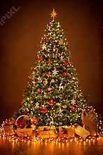 Christmas Tree lighting in night, Xmas Decorations Hanging