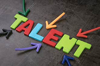 Business talents finding, recruitment for HR, Human Resource concept, colorful arrows pointing to alphabet TALENT at the center of