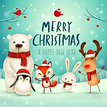 Merry Christmas and Happy New Year! Christmas Cute Animals Character. Happy Christmas Companions.