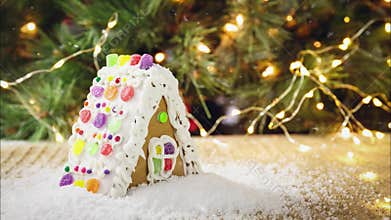 Seamless loopable snow on Gingerbread house with Christmas tree background. Holiday concept. Cinemagraph