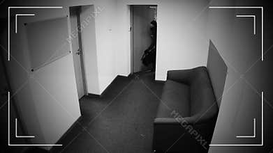 Undefined thieves escaping from place of crime, armed robbery, CCTV effect