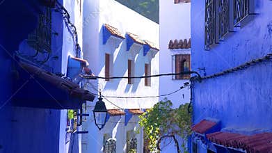 Beautiful street view of the blue medina of town Chefchaouen in Morocco