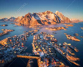 Aerial view of Henningsvaer at sunset in Lofoten islands, Norway