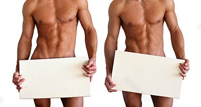Naked Muscular Torso Covering Copy Space Box